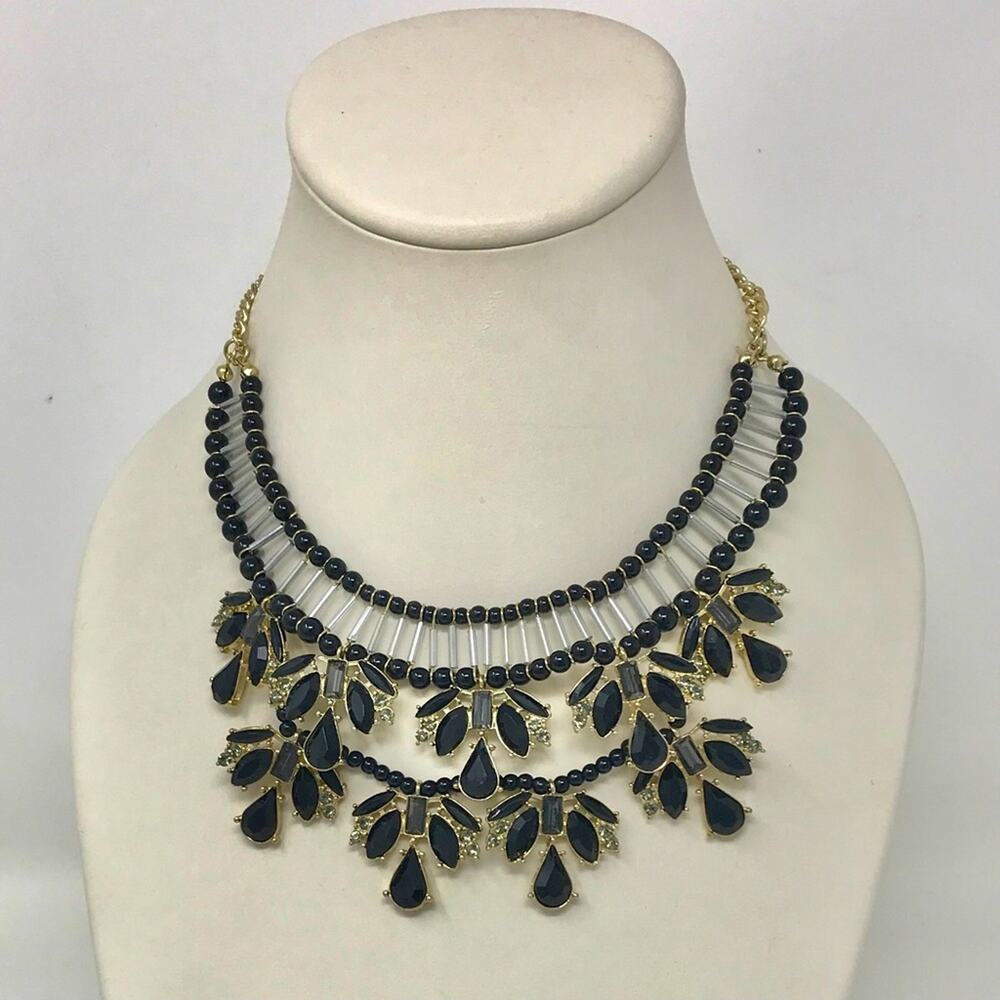 INC Black & Gold Statement Necklace Leaf Floral Design Vintage